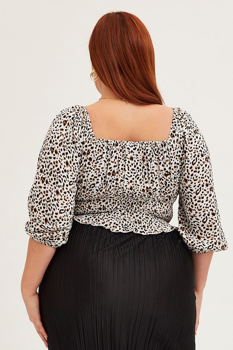 Animal Print 3/4 Sleeve Shirred Crop Top - Image 5