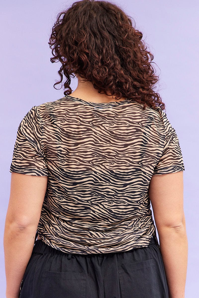 Animal Print Drawstring T-shirt Short Sleeve Mesh - Image 5