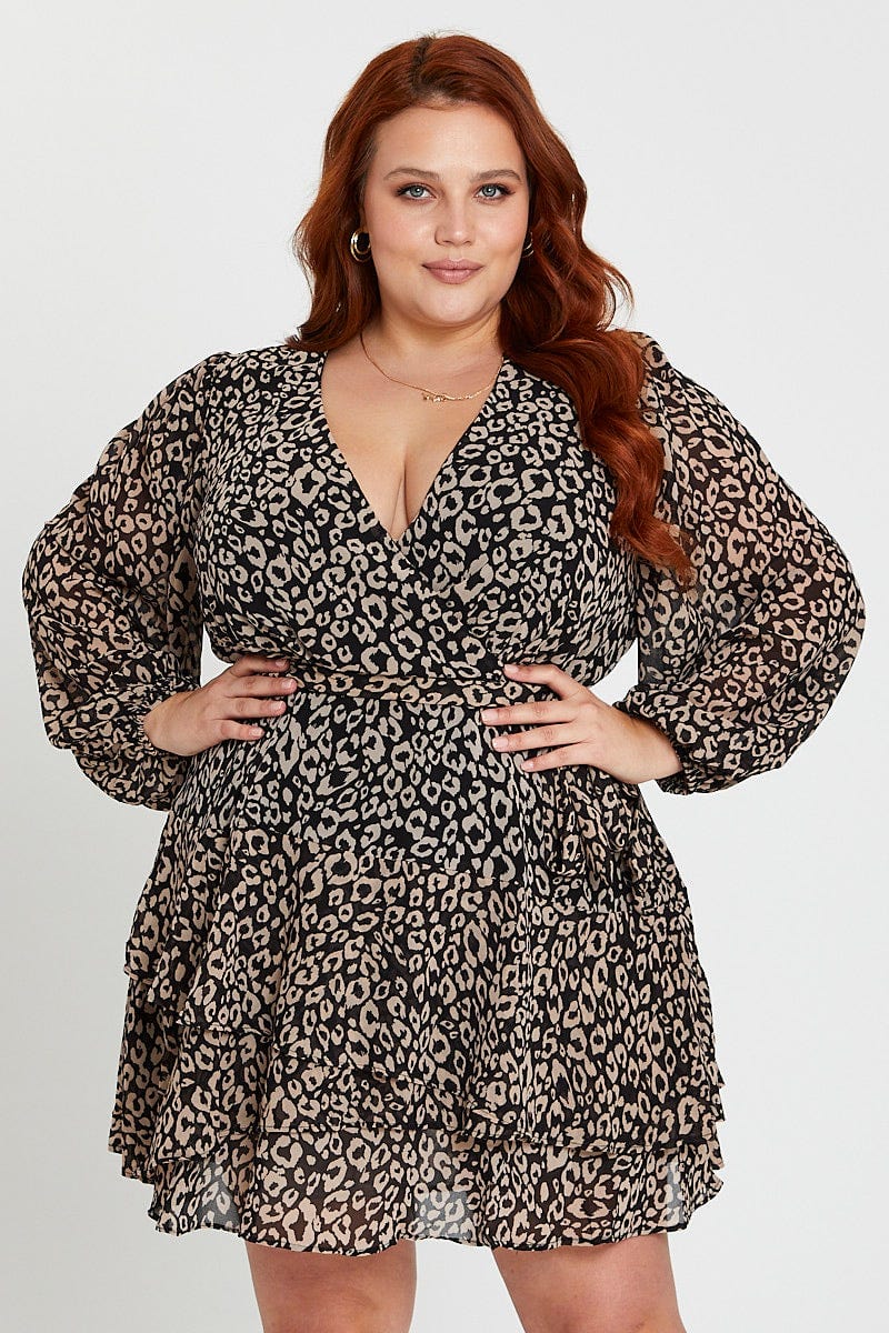 Animal Print Long Sleeve Frill Hem Leopard Skater Dress - Image 3