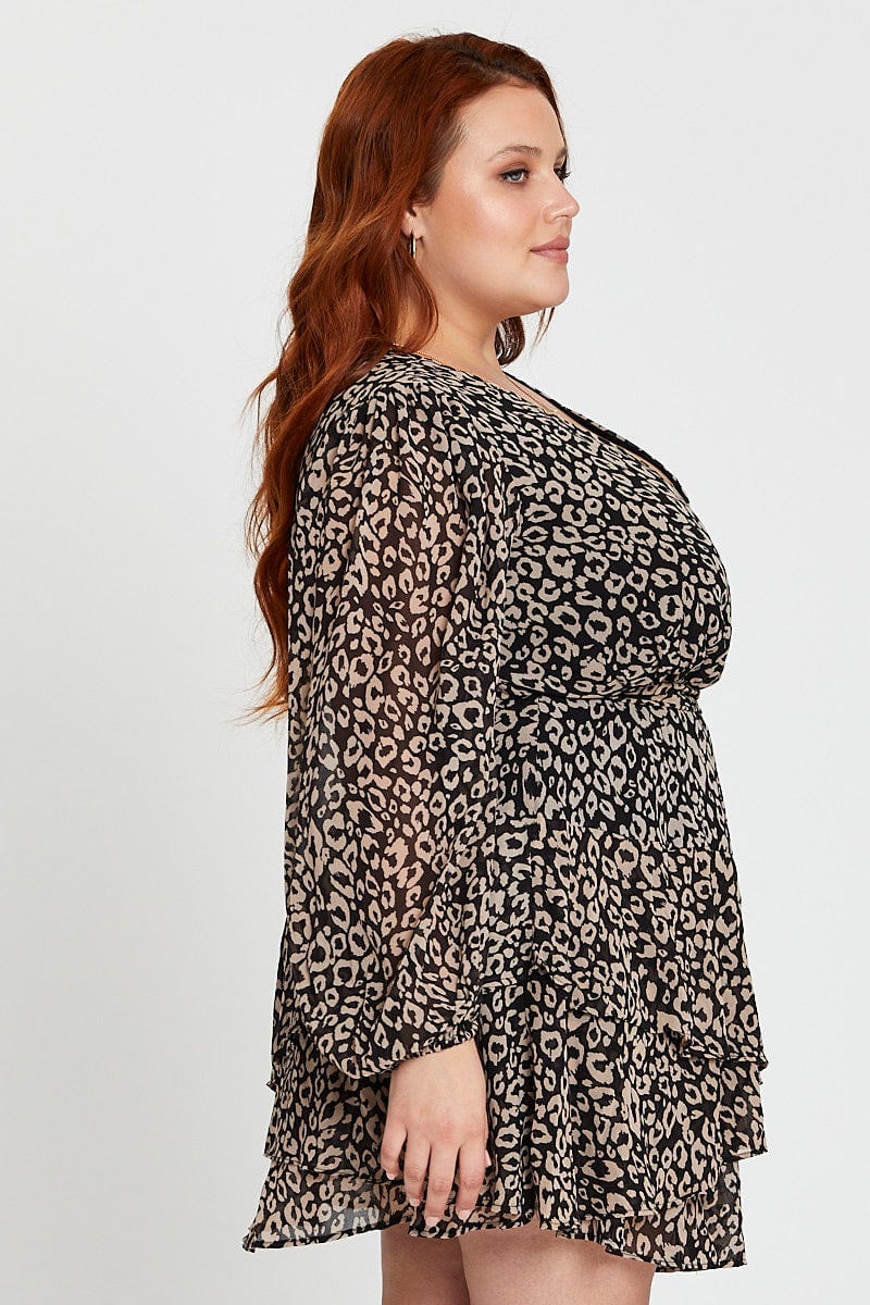 Animal Print Long Sleeve Frill Hem Leopard Skater Dress - Image 4