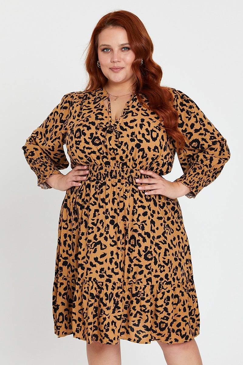 Animal Print Midi Dress V-neck Long Sleeve - Image 3