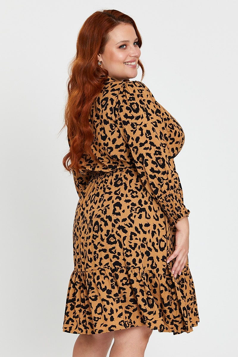 Animal Print Midi Dress V-neck Long Sleeve - Image 4