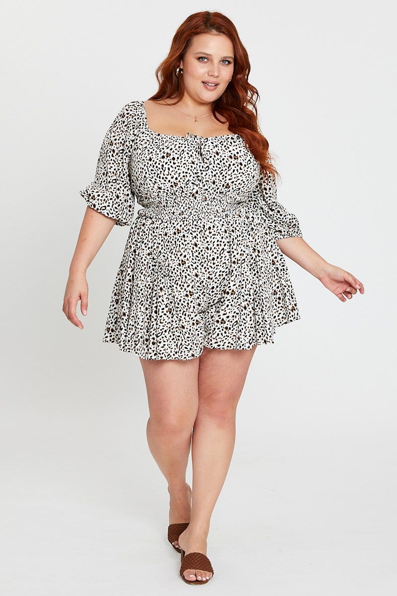 Animal Print Playsuit Square Neck Long Sleeve - Image 2