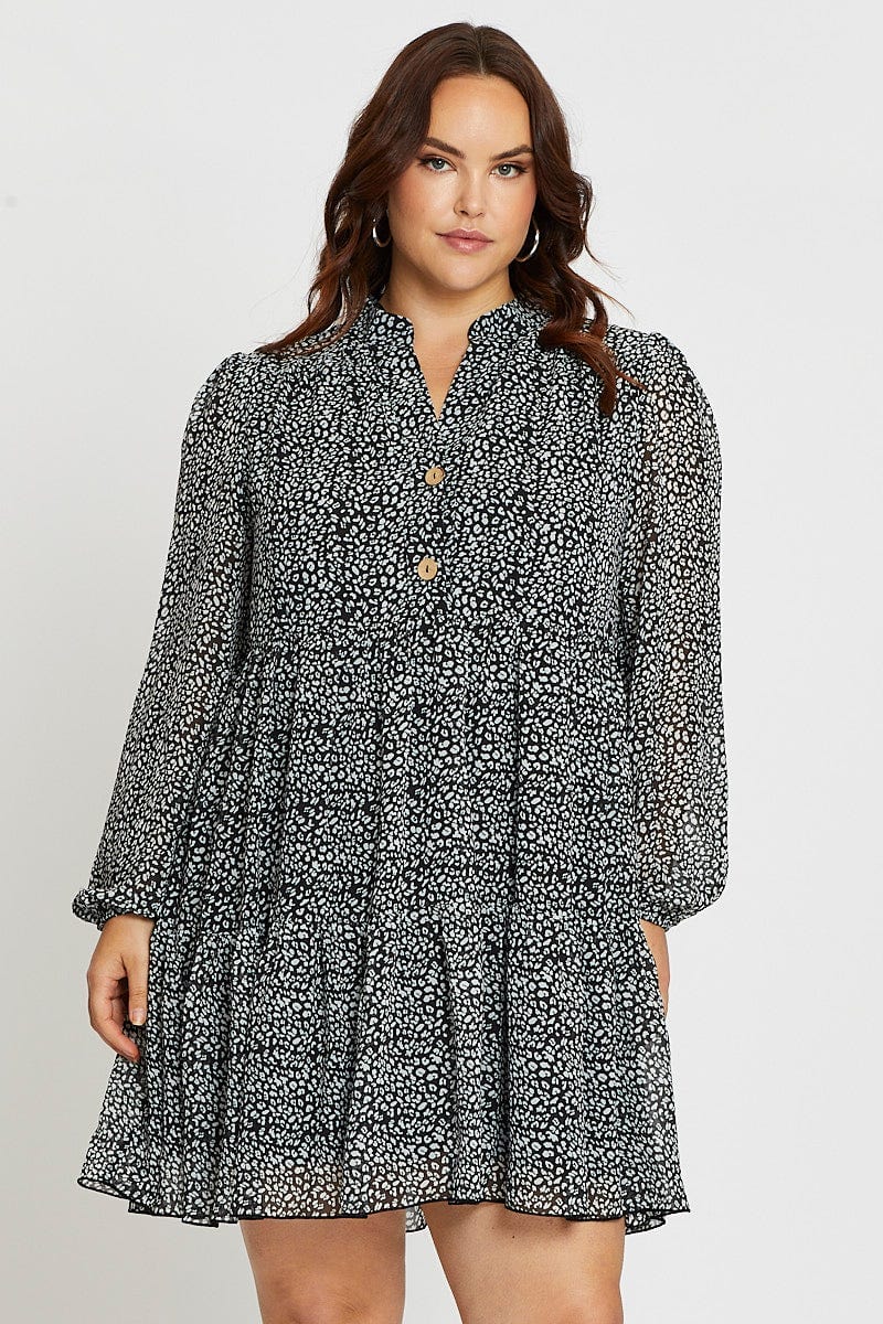 Animal Print Skater Dress V-neck Long Sleeve