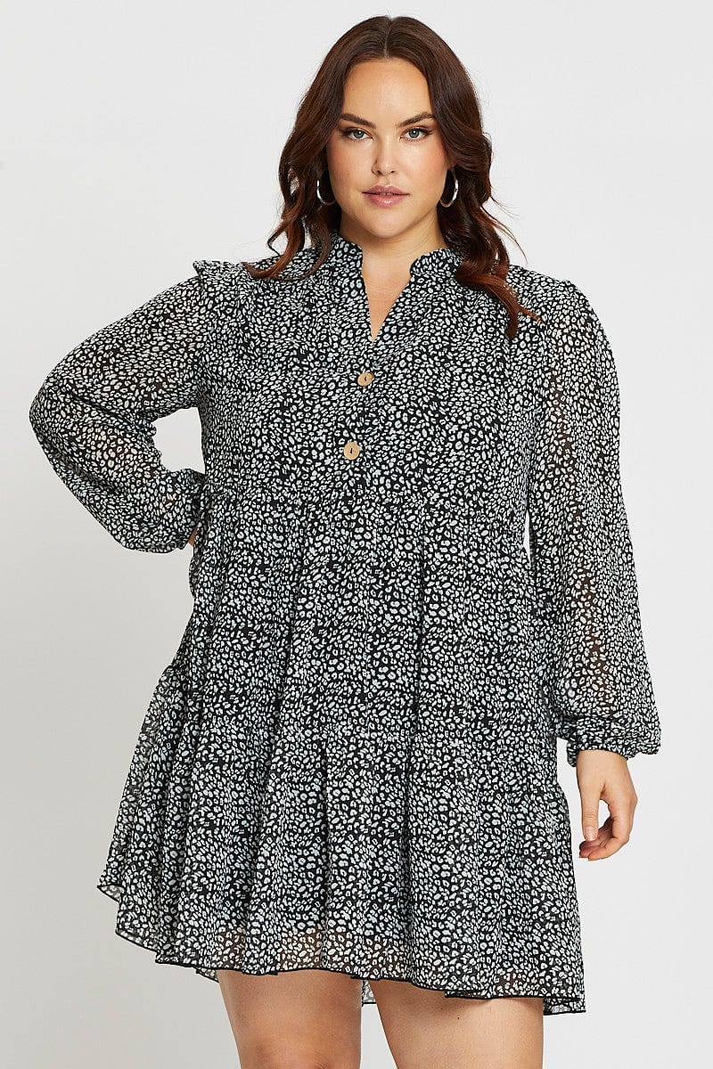 Animal Print Skater Dress V-neck Long Sleeve - Image 3