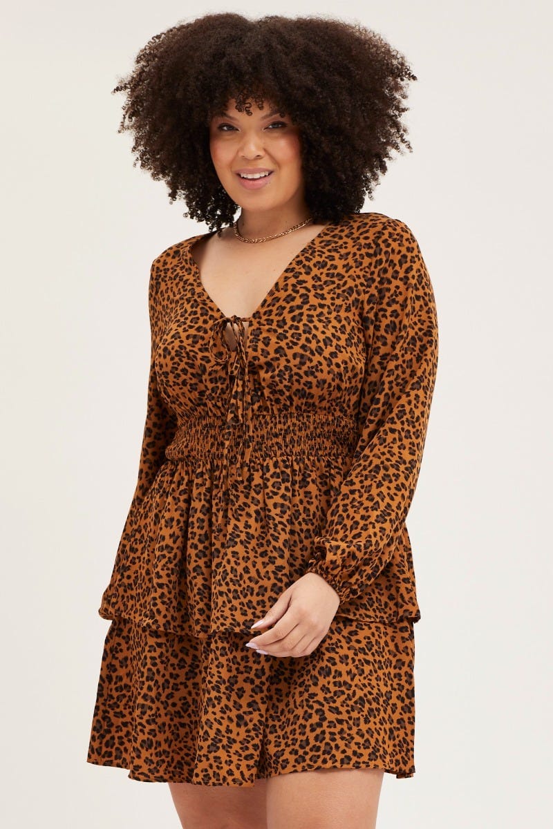 Animal Print Skater Dress V-neck Long Sleeve - Image 3