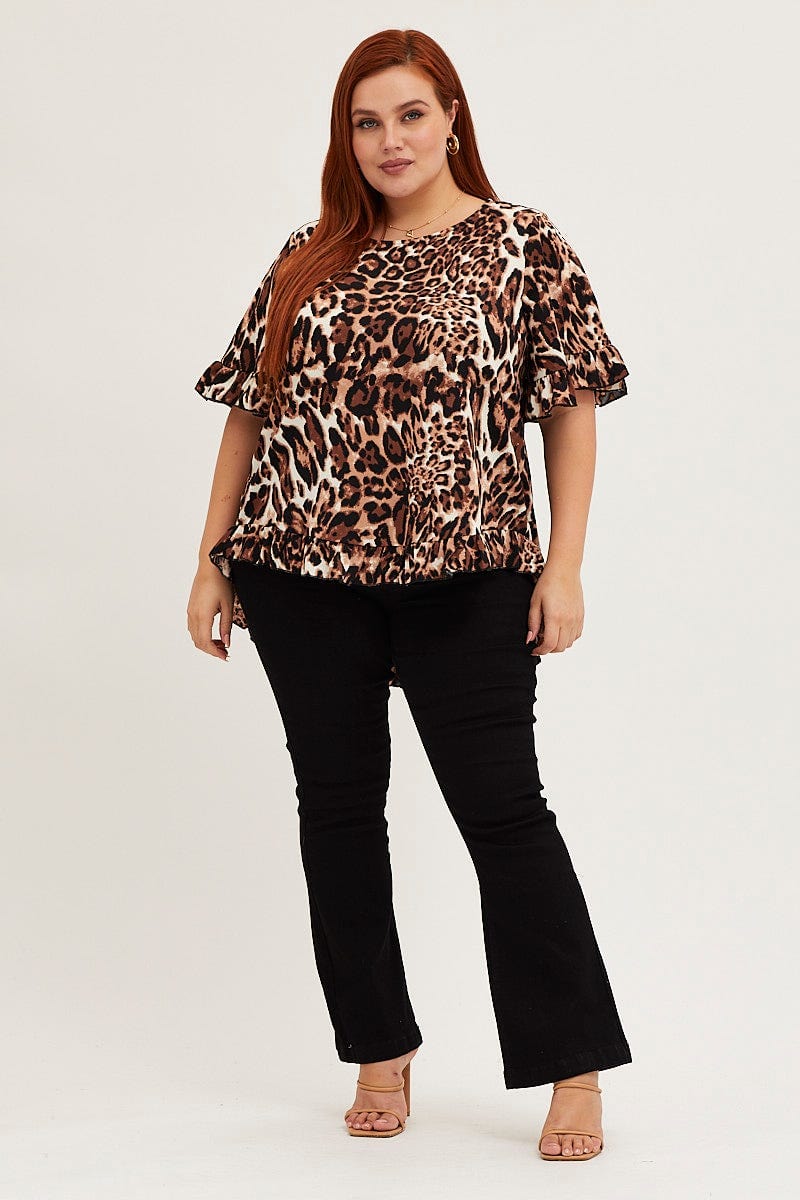 Animal Print Top Round Neck Frill Detail Sleeve - Image 2