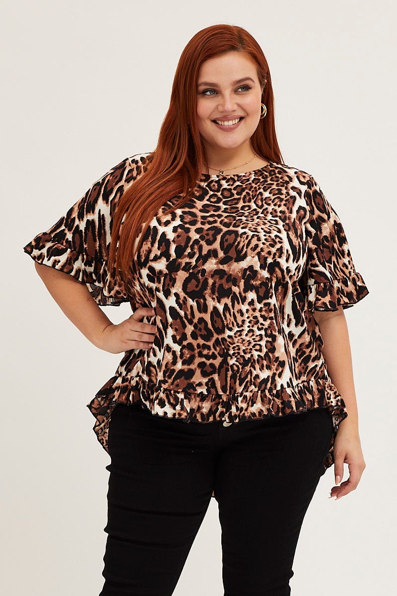 Animal Print Top Round Neck Frill Detail Sleeve - Image 3