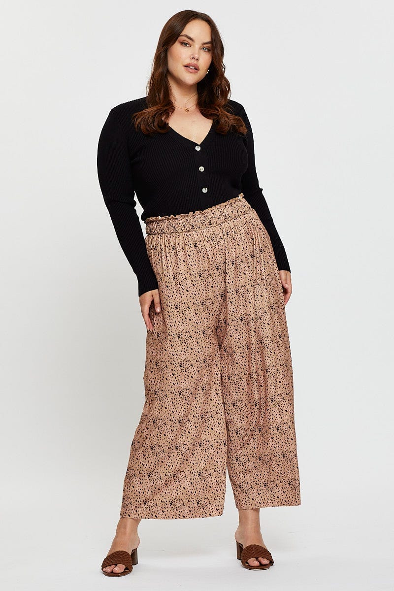 Animal Print Wide Leg Pants High Rise Shirred Waist - Image 3
