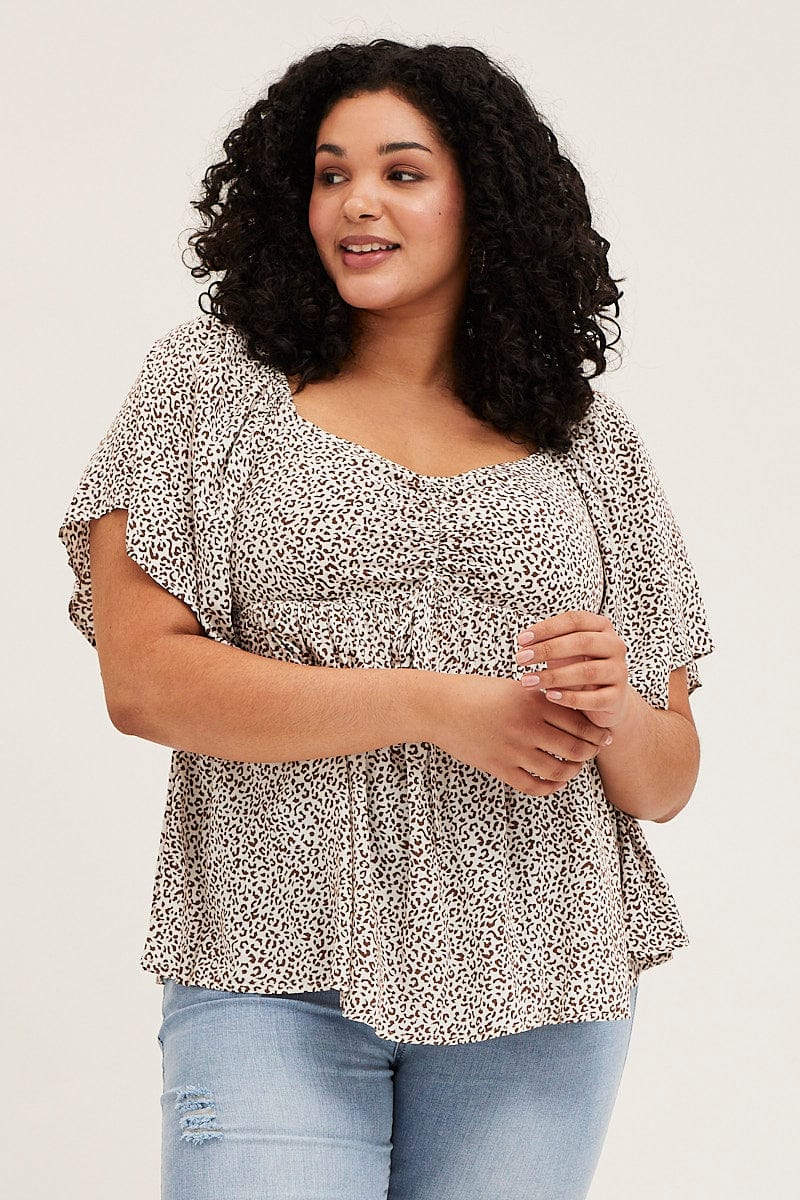 Animal Print Wing Sleeve Ruched Peplum Top - Image 2