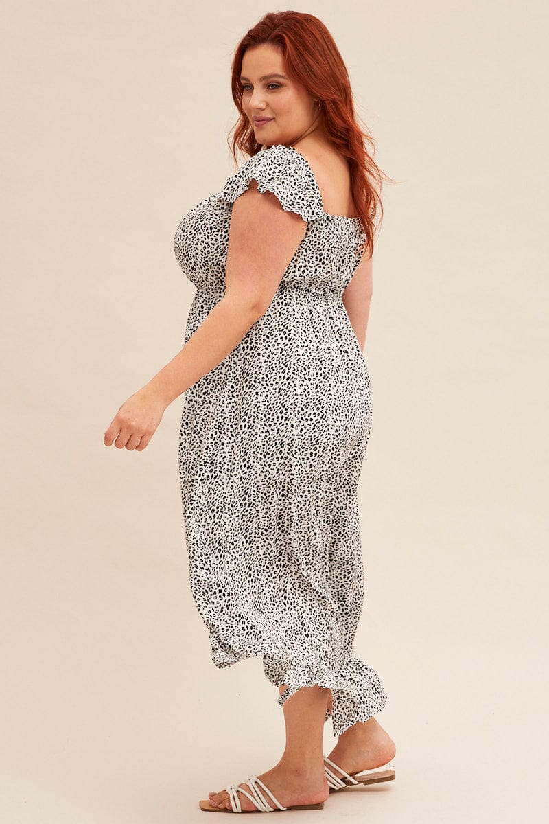 Animal Print Midi Dress Short Sleeve Shirred Off Shoulder - Image 4
