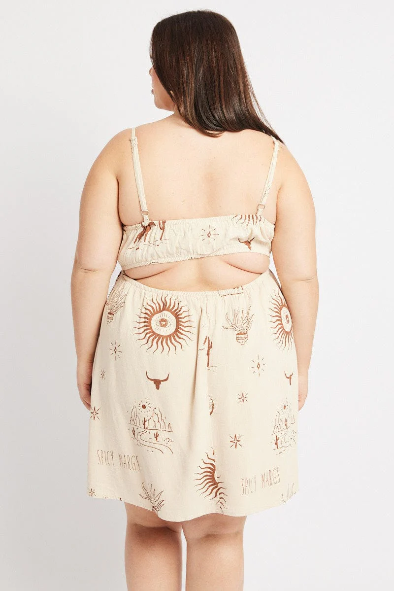 Beige Abstract Cutout Detail Mini Dress - Image 5