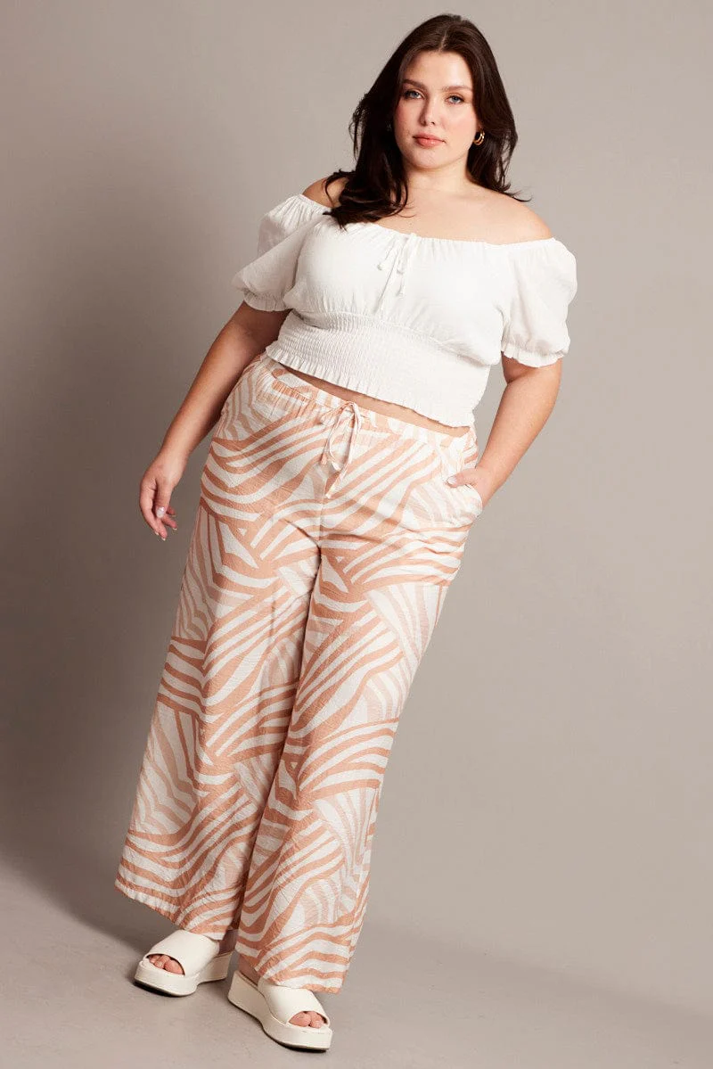 Beige Abstract Elastic Waist Wide Leg Pants - Image 3