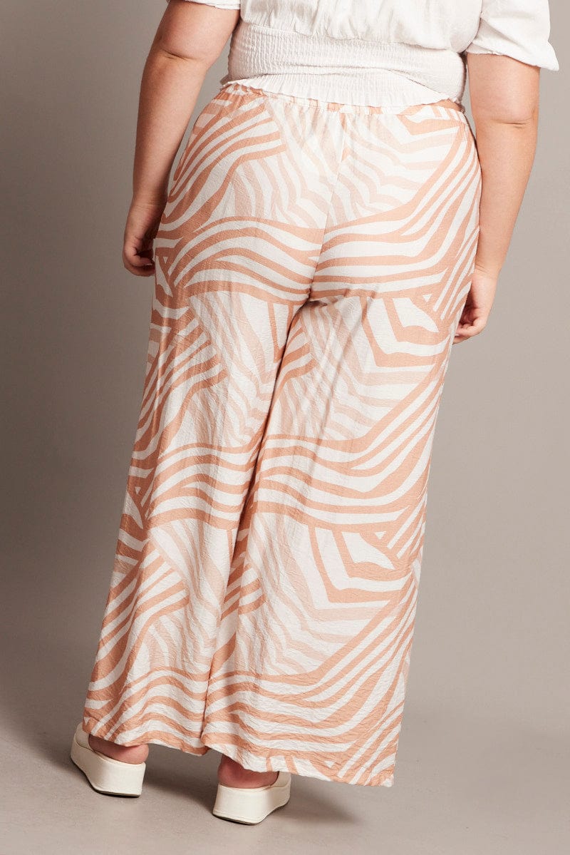 Beige Abstract Elastic Waist Wide Leg Pants - Image 5