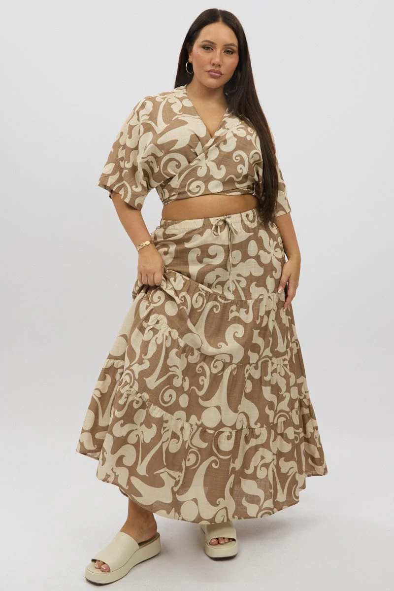 Beige Abstract Linen Blend Tie Up Bolero Top - Image 2