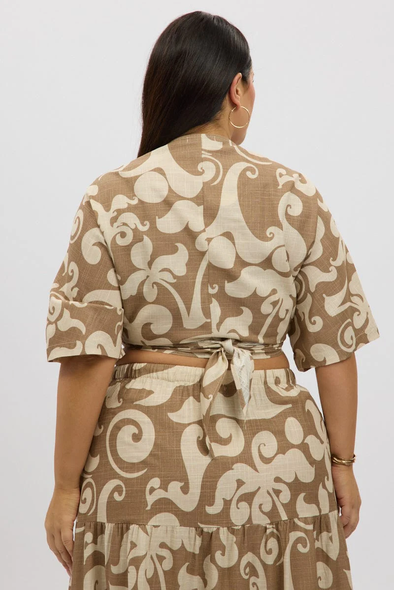 Beige Abstract Linen Blend Tie Up Bolero Top - Image 5