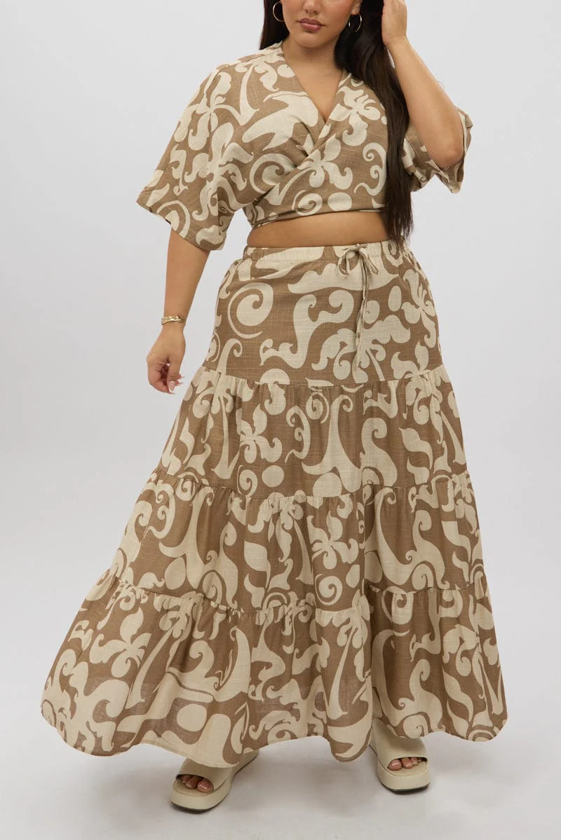 Beige Abstract Linen Blend Tiered Maxiskirt