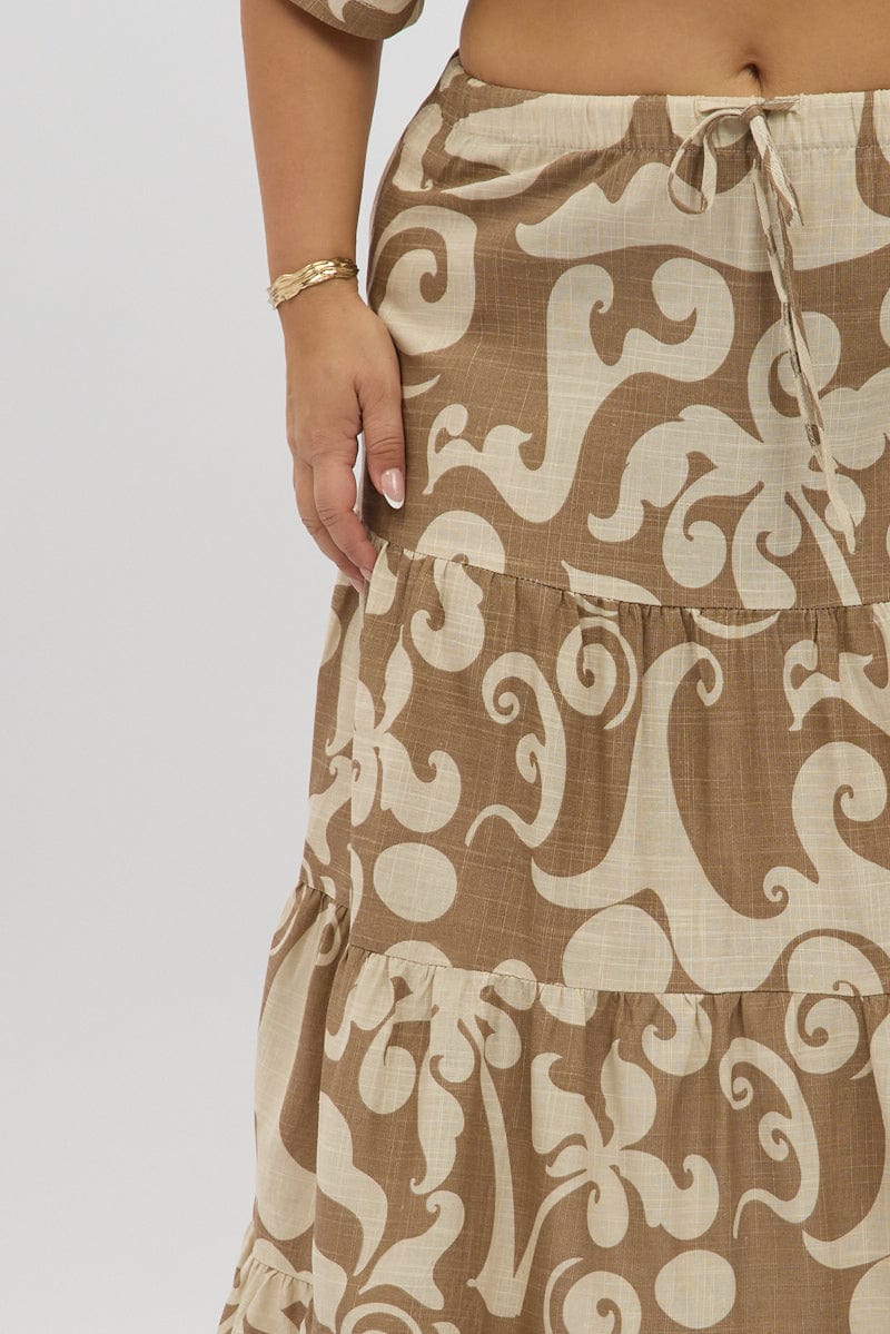Beige Abstract Linen Blend Tiered Maxiskirt - Image 6