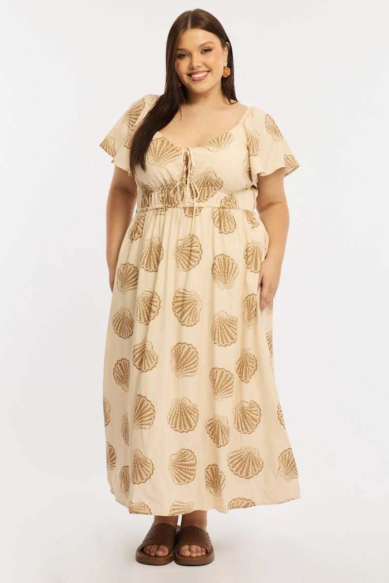Beige Abstract Maxi Dress Short Sleeve Linen Blend - Image 3