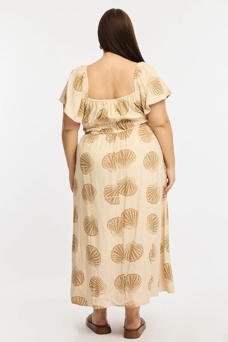 Beige Abstract Maxi Dress Short Sleeve Linen Blend - Image 5