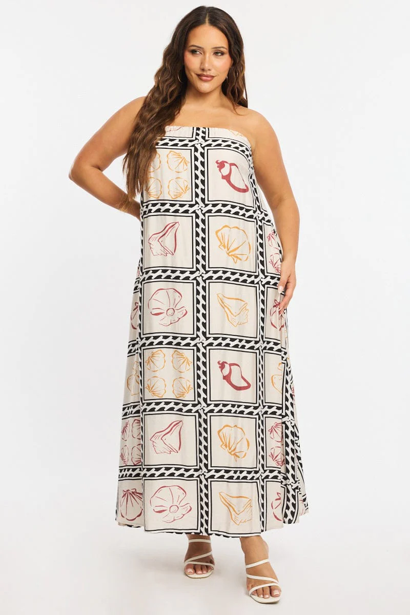 Beige Abstract Maxi Dress Strapless