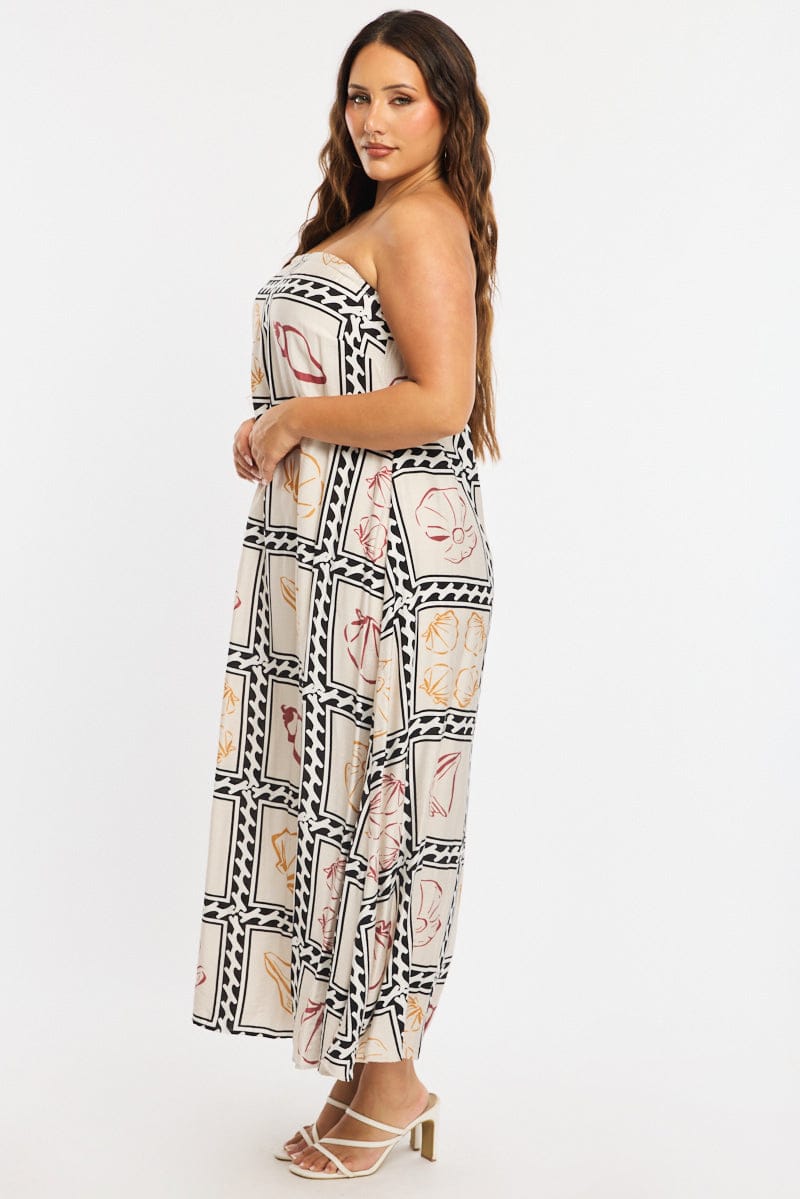 Beige Abstract Maxi Dress Strapless - Image 3