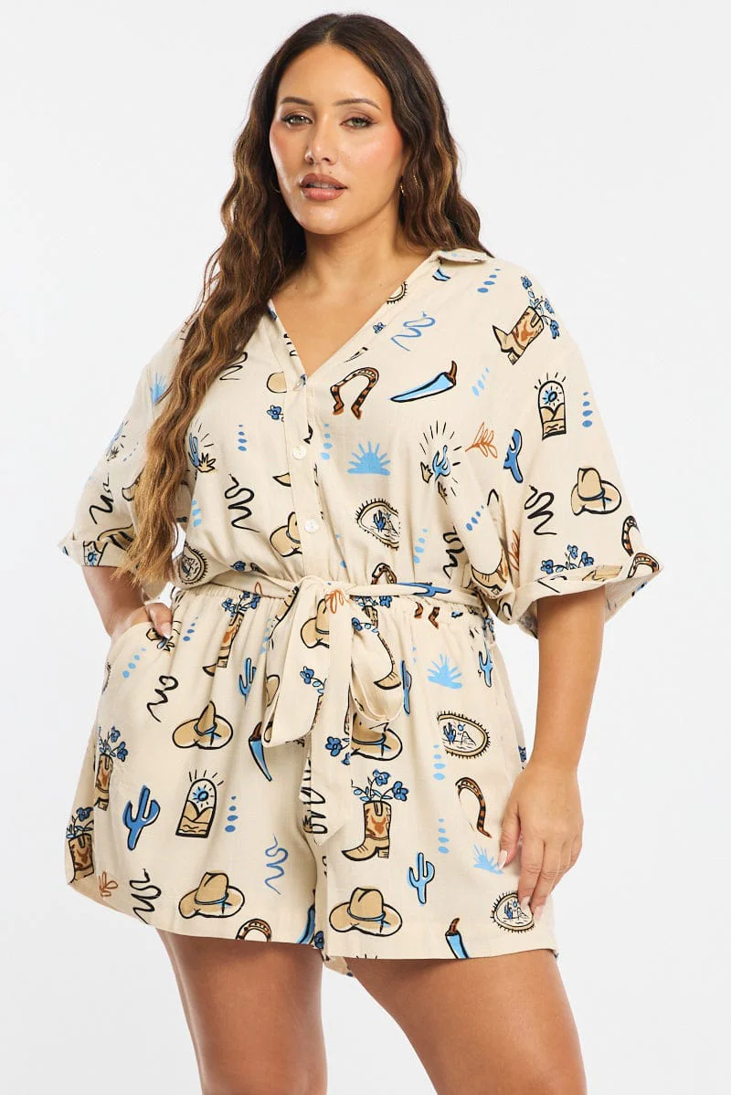 Beige Abstract Playsuit Short Sleeve Linen Blend