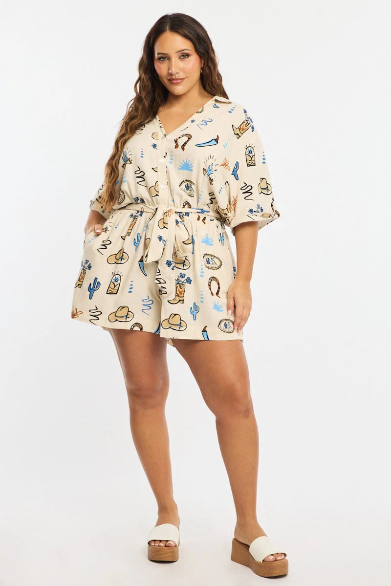 Beige Abstract Playsuit Short Sleeve Linen Blend - Image 2