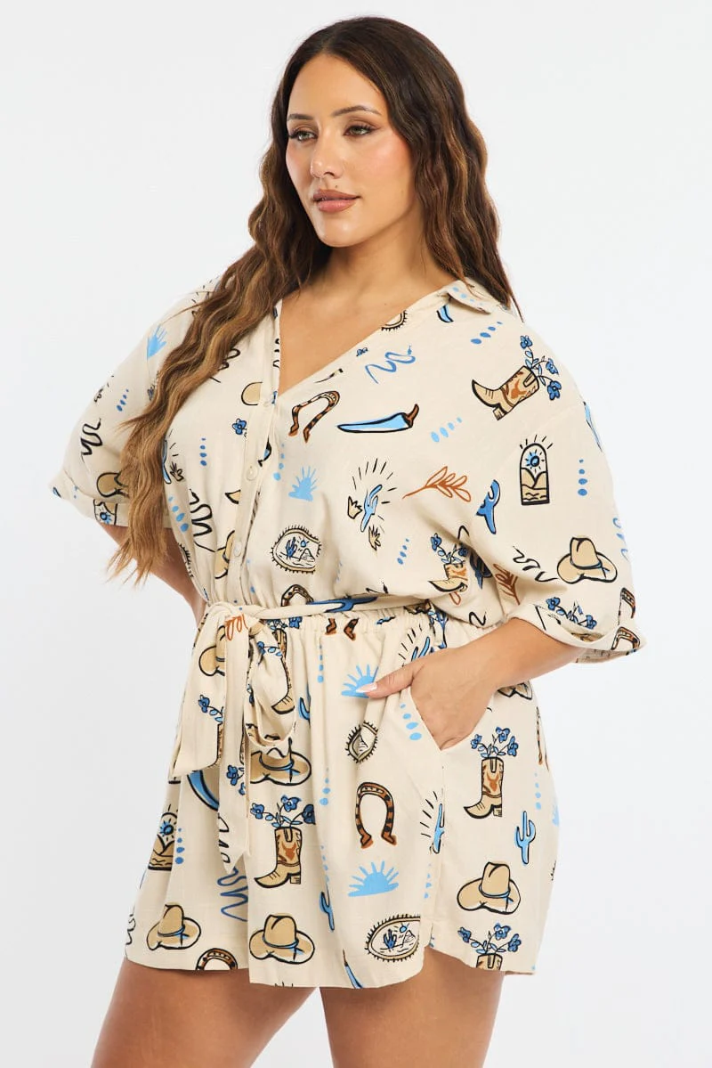 Beige Abstract Playsuit Short Sleeve Linen Blend - Image 3