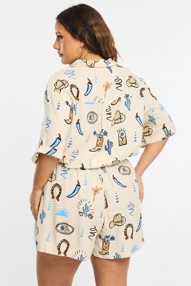 Beige Abstract Playsuit Short Sleeve Linen Blend - Image 4