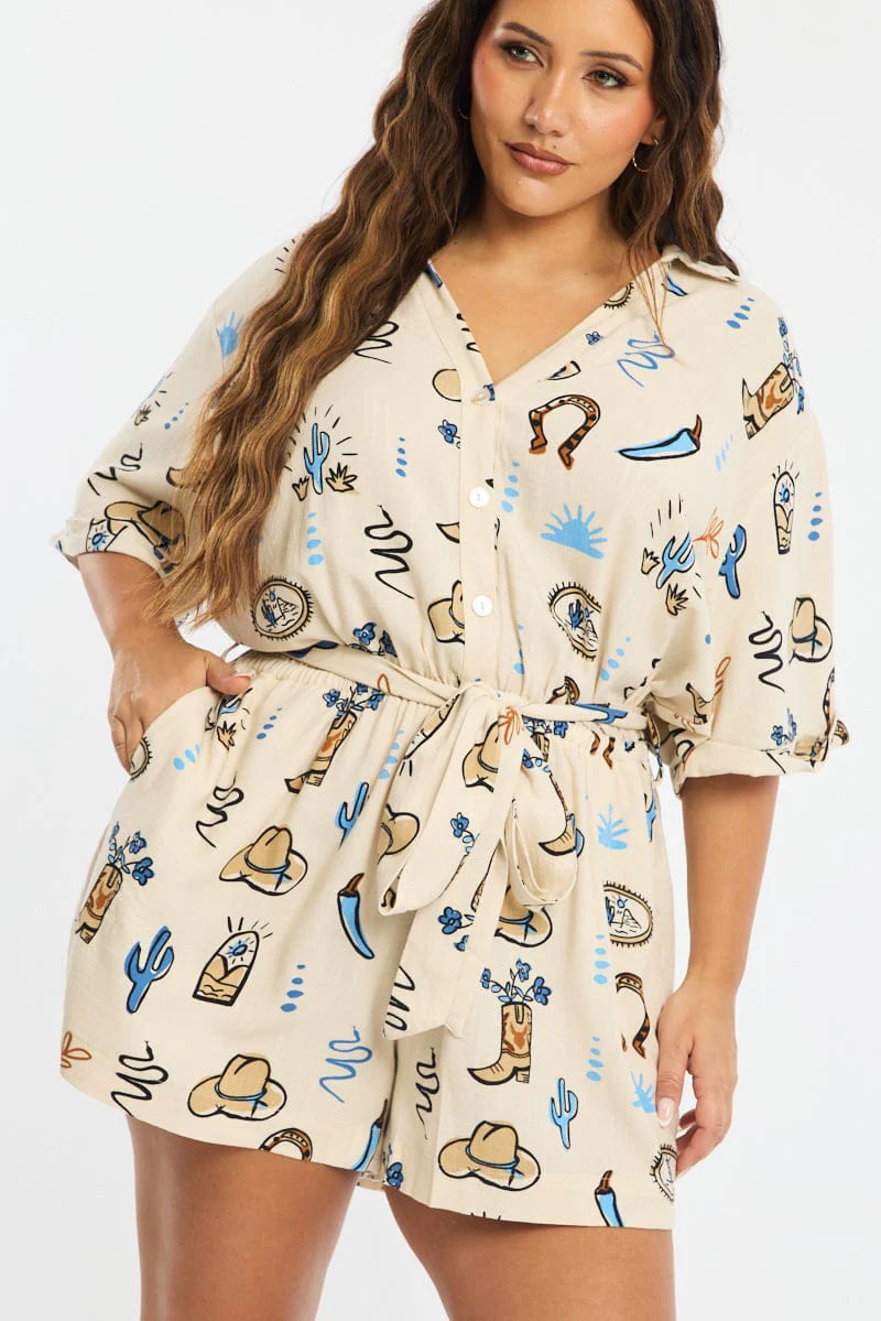 Beige Abstract Playsuit Short Sleeve Linen Blend - Image 5