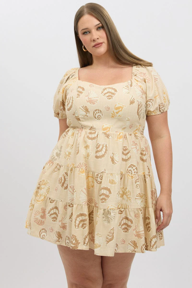 Beige Abstract Puff Sleeve Sweetheart Neck Dress - Image 3