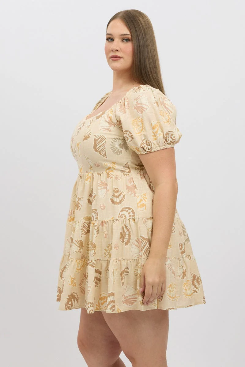 Beige Abstract Puff Sleeve Sweetheart Neck Dress - Image 4