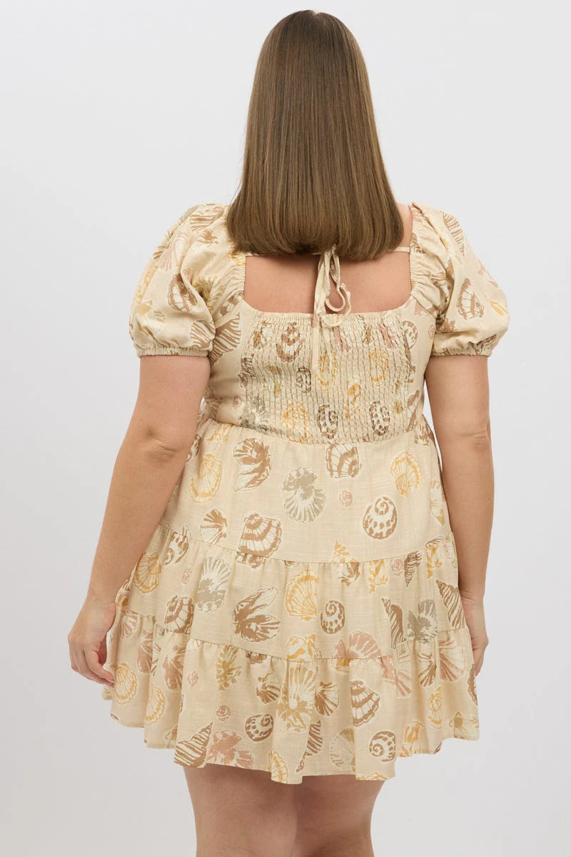 Beige Abstract Puff Sleeve Sweetheart Neck Dress - Image 5
