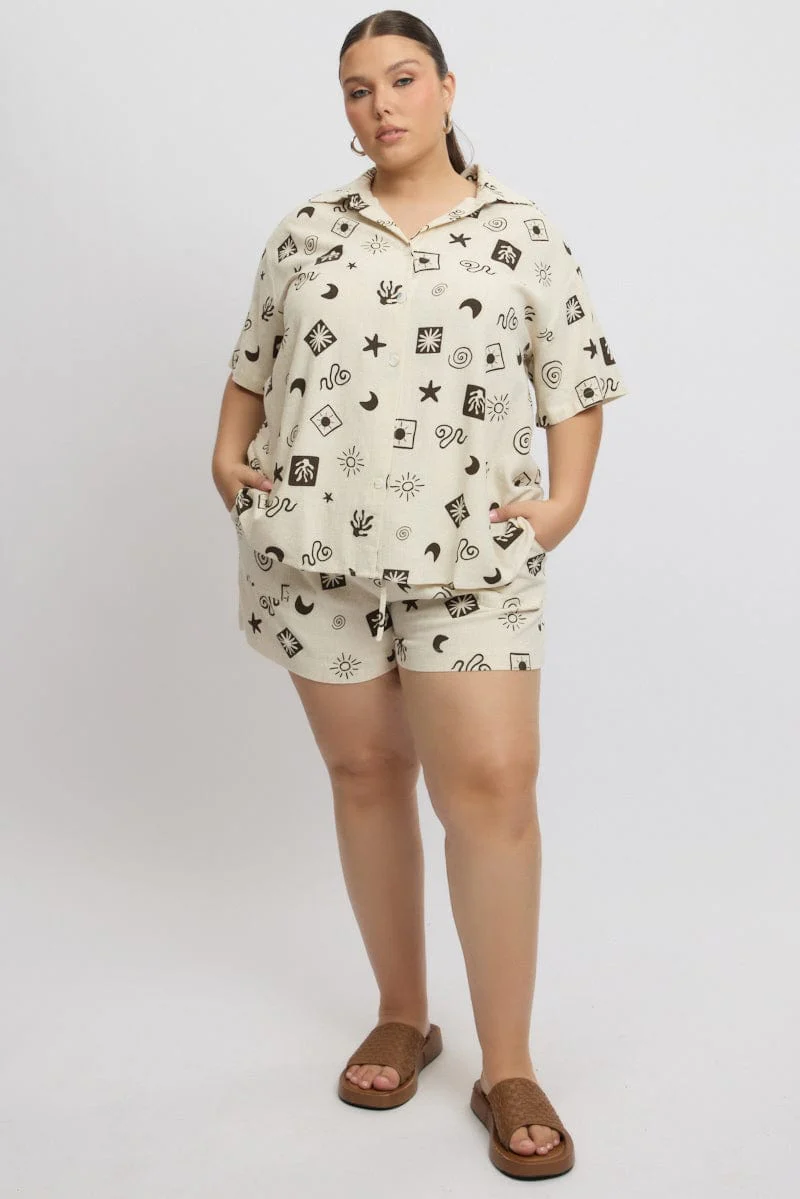 Beige Abstract Relaxed Shirt Short Sleeve Linen Blend - Image 2