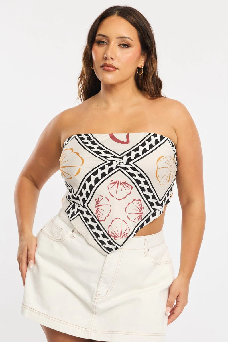 Beige Abstract Scarf Top Sleeveless Tie Back