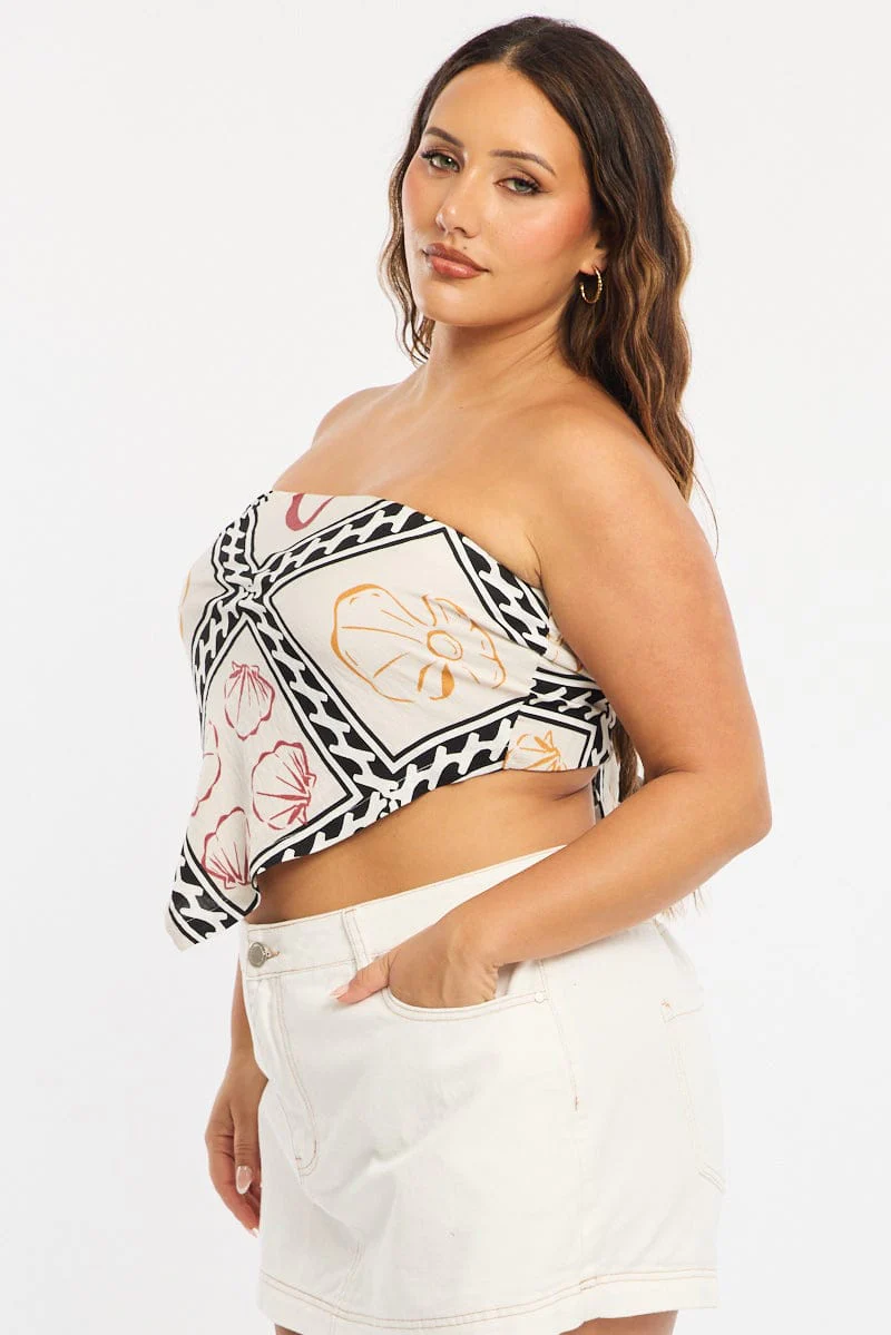 Beige Abstract Scarf Top Sleeveless Tie Back - Image 3