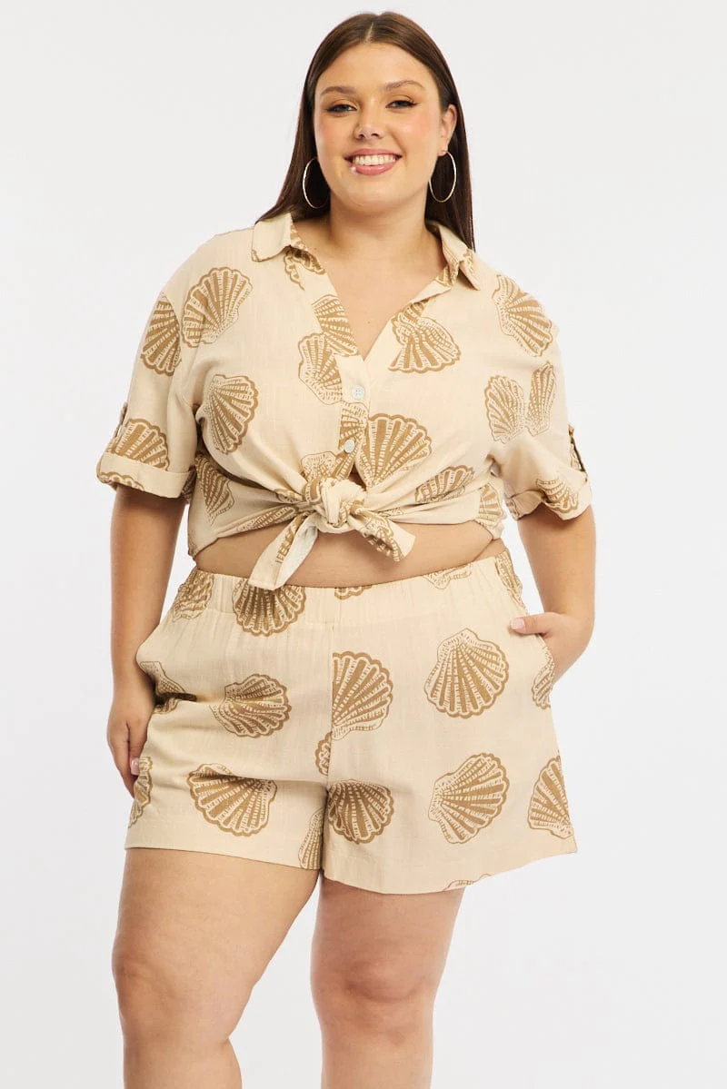 Beige Abstract Shorts Elastic Waist