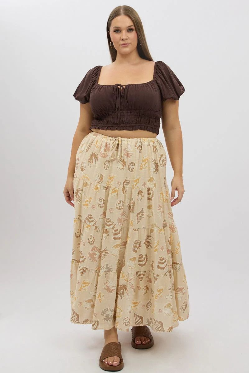 Beige Abstract Tiered Tie Waist Maxiskirt - Image 2