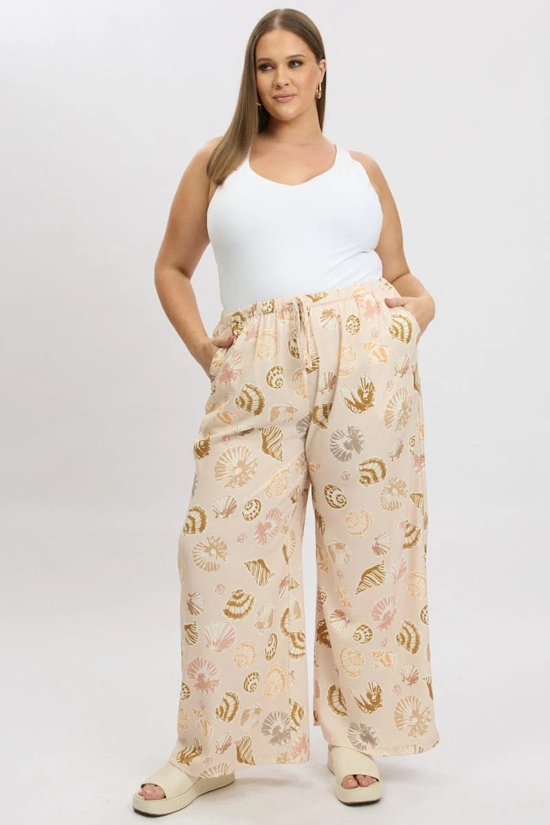 Beige Abstract Wide Leg Linen Blend Tie Waist Pants - Image 3
