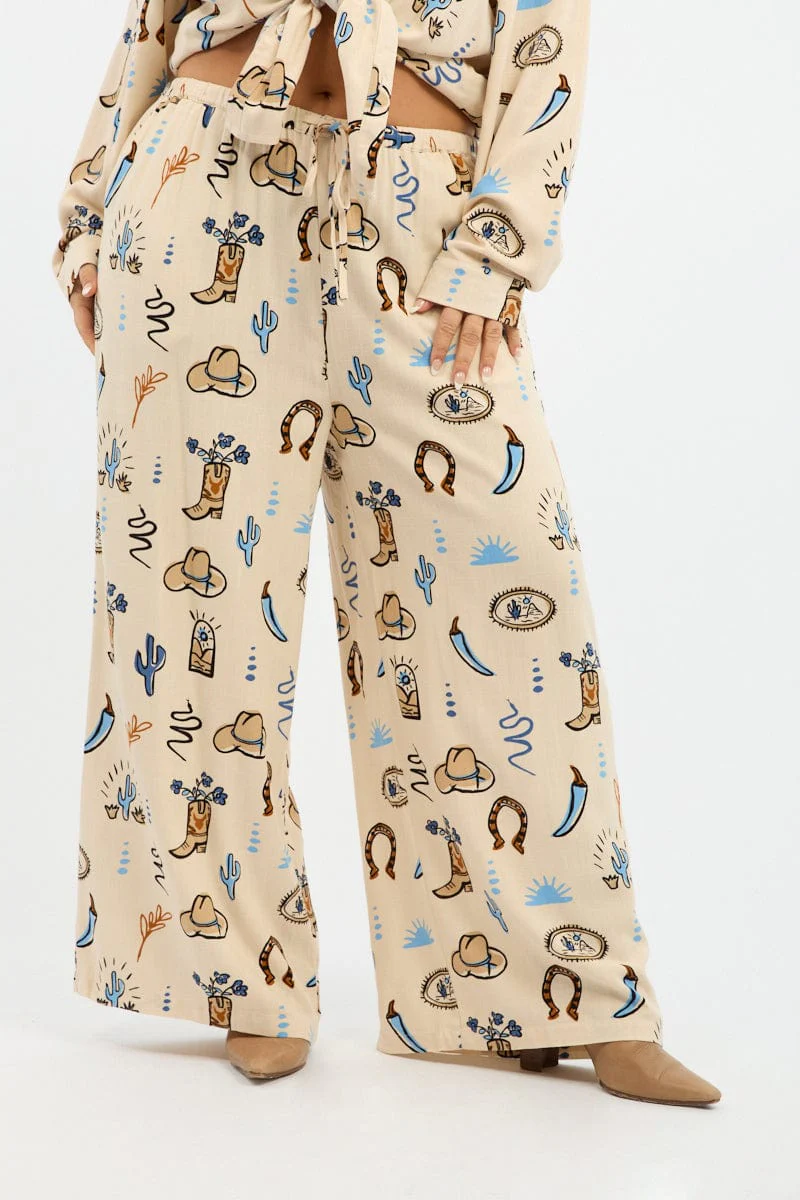 Beige Abstract Wide Leg Pants - Image 3