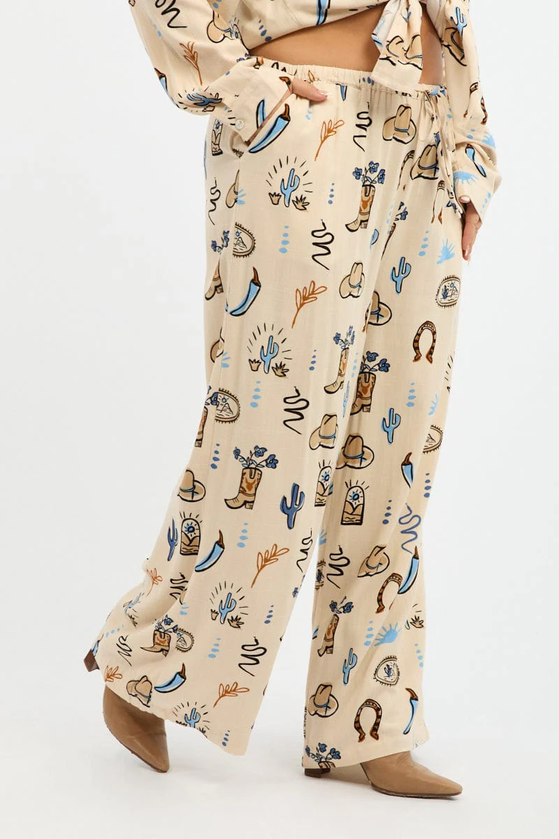 Beige Abstract Wide Leg Pants - Image 4