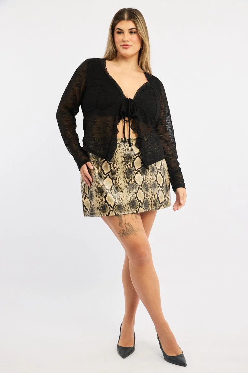 Beige Animal Print Faux Leather Snake Print Split Mini Skirts Skorts - Image 3