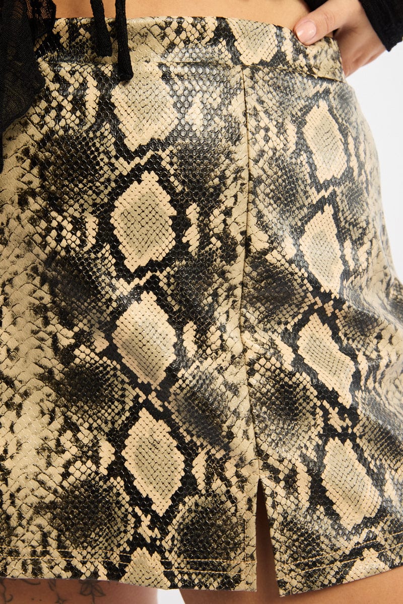 Beige Animal Print Faux Leather Snake Print Split Mini Skirts Skorts - Image 6