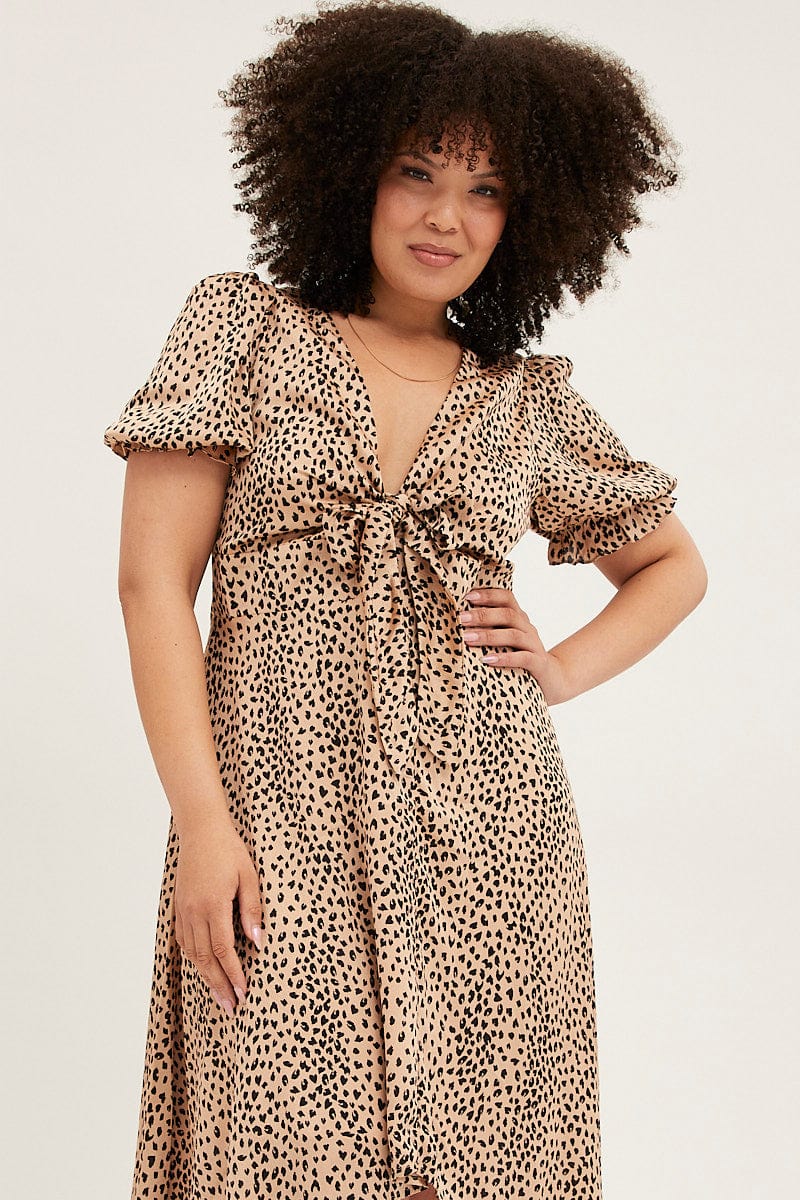 Beige Animal Print Midi Dress Short Sleeve Tie Front Satin - Image 2