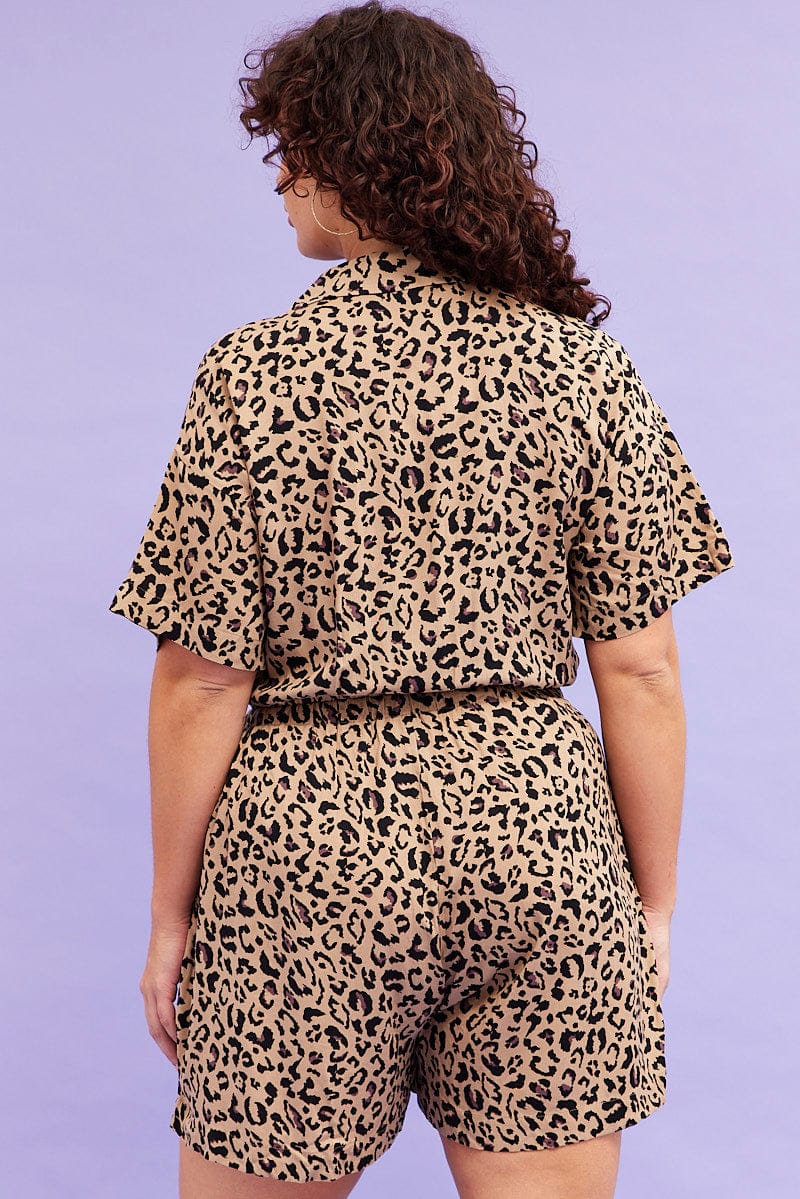 Beige Animal Print Short Playsuit Relaxed Utility Detail Tie Waist - Image 5