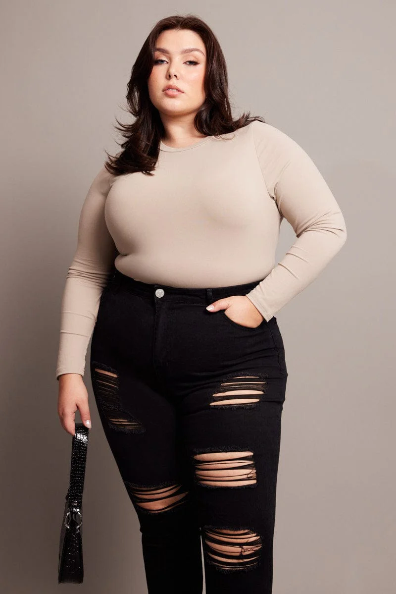 Beige Bodysuit Long Sleeve Crew Neck Supersoft - Image 3