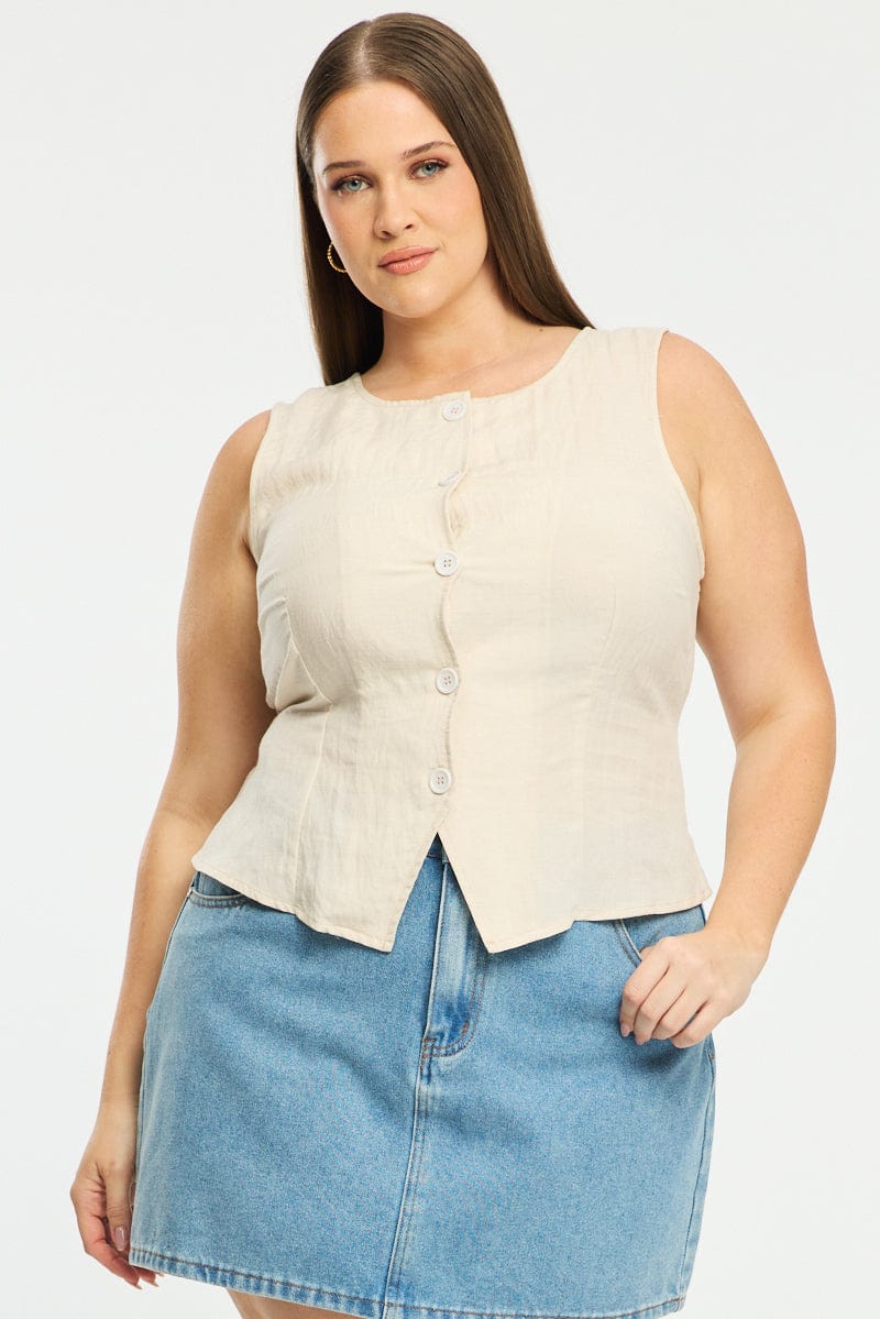 Beige Button Front Top Sleeveless Linen Blend