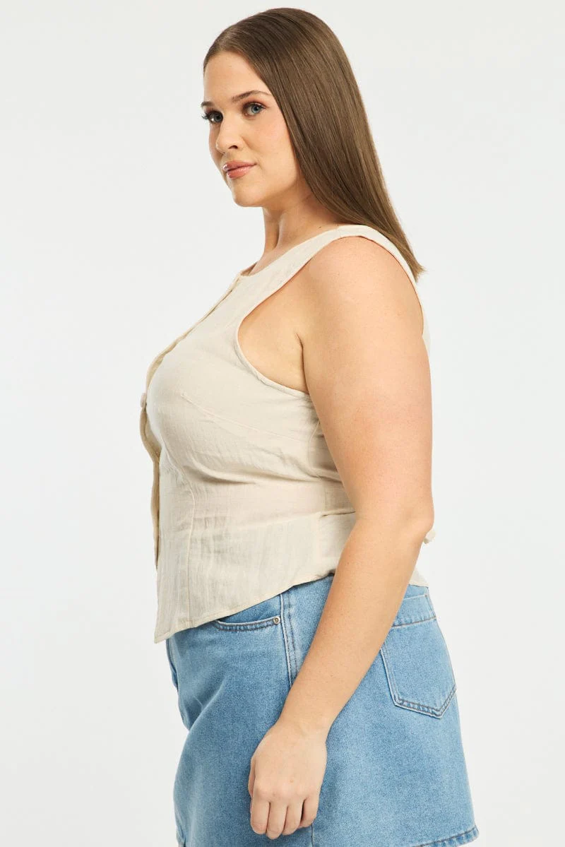 Beige Button Front Top Sleeveless Linen Blend - Image 3