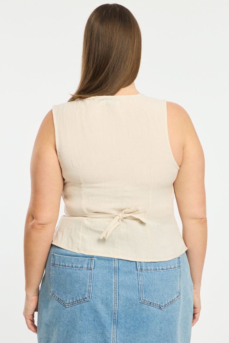 Beige Button Front Top Sleeveless Linen Blend - Image 4